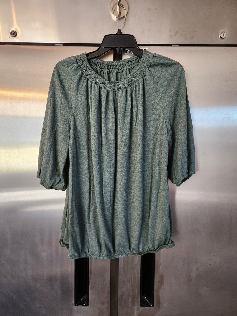 Emery Rose Womens Balloon Sleeve Top 1XL | Heather Green Shirred Neck Blouson